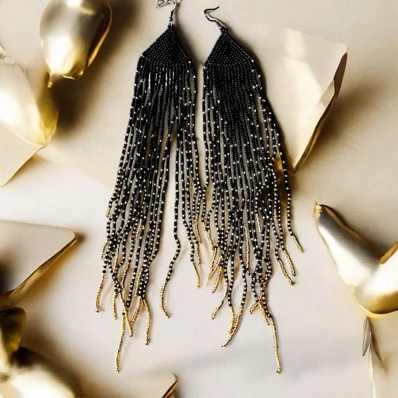 Dramatic Black and Gold Hand Beaded Cascade Earrings - Picture 9 of 16
